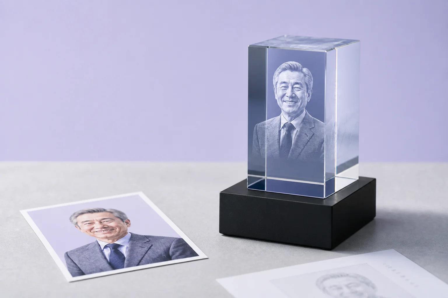 A portrait photo beside the finished 50 x 80 x 50 mm small 3D crystal award